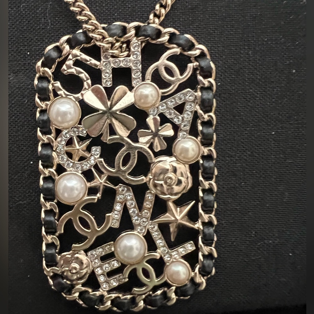 CHANEL Pendant Necklace Clover Lambskin Leather Chain Logo Crystal Mosaic Pearl